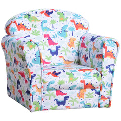 HOMCOM Children Armchair Kids Sofa Tub Chair Seat Cartoon Dinosaur Pattern Bedroom Flannel Wooden Frame Non-slip Playroom Seater