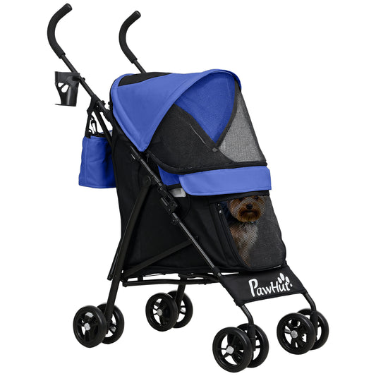 PawHut Umbrella Structure Dog Stroller, Lightweight & Portable Dog Pram w/ Shoulder Strap, Storage Bag & Cup Holder, Dark Blue