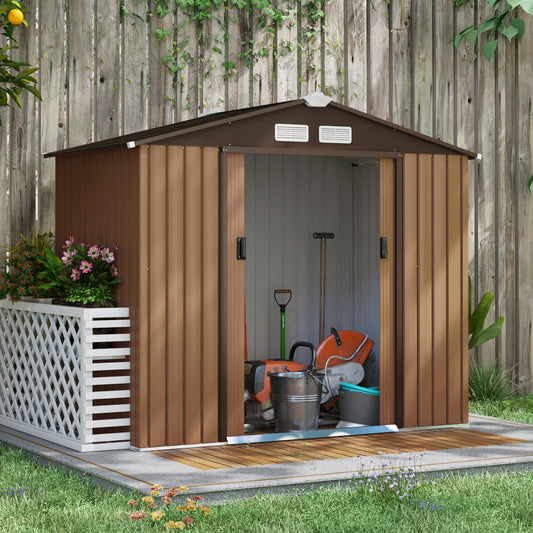 Outsunny 7 x 4ft Lockable Metal Garden Tool Storage Shed, Outdoor Storage Shed with Foundation and vents, Light Brown