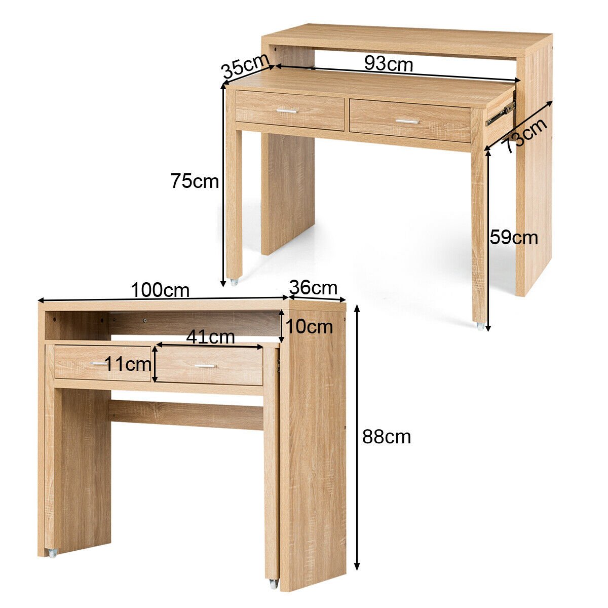 Extending Console Table with 2 Drawers for Bedsits, Flats or Apartments-Nature