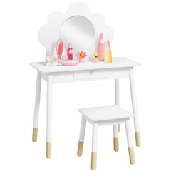 AIYAPLAY Kids Dressing Table with Mirror, Stool, Drawer, Cloud Design, White