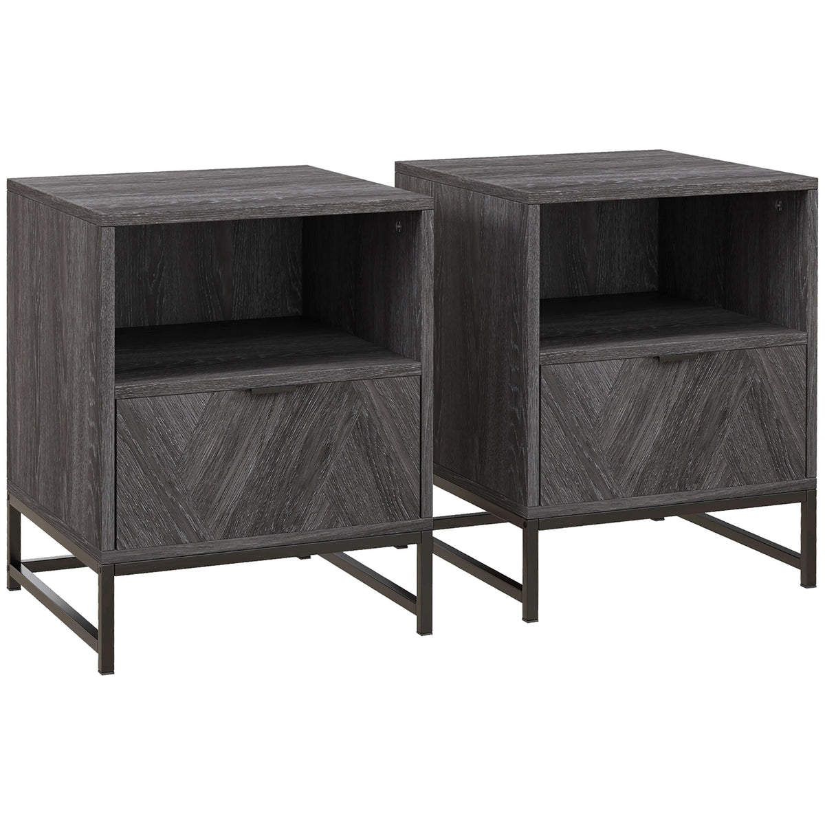 HOMCOM Bedside Table with Drawer and Shelf, Side End Table with Steel Legs for Living Room, Bedroom, Set of 2, Dark Grey