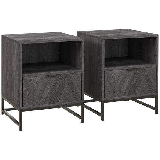 HOMCOM Bedside Table with Drawer and Shelf, Side End Table with Steel Legs for Living Room, Bedroom, Set of 2, Dark Grey