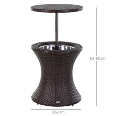 Outsunny PE Rattan Ice Bucket Table, Height Adjustable Liftable Outdoor Drinks Cooler, 52 cm Round Garden Beer Cocktail Table with Lid for Bar, Patio, Terrace, Brown