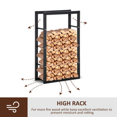 HOMCOM Metal Firewood Log Holder Tall Firewood Rack Indoor Outdoor Fireplace Wood Storage Shelf with Side Rails, Rust-Resistant, Black, 60W x 25D x 100H cm