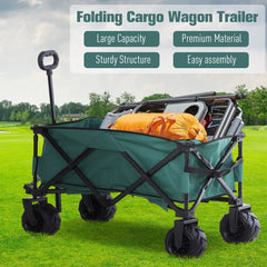 Outsunny Outdoor Folding Garden Trolley on Wheels, Pull Along Camping Cart, Cargo Wagon Trailer with Telescopic Handle, Big Wheels for Beach Garden, Green