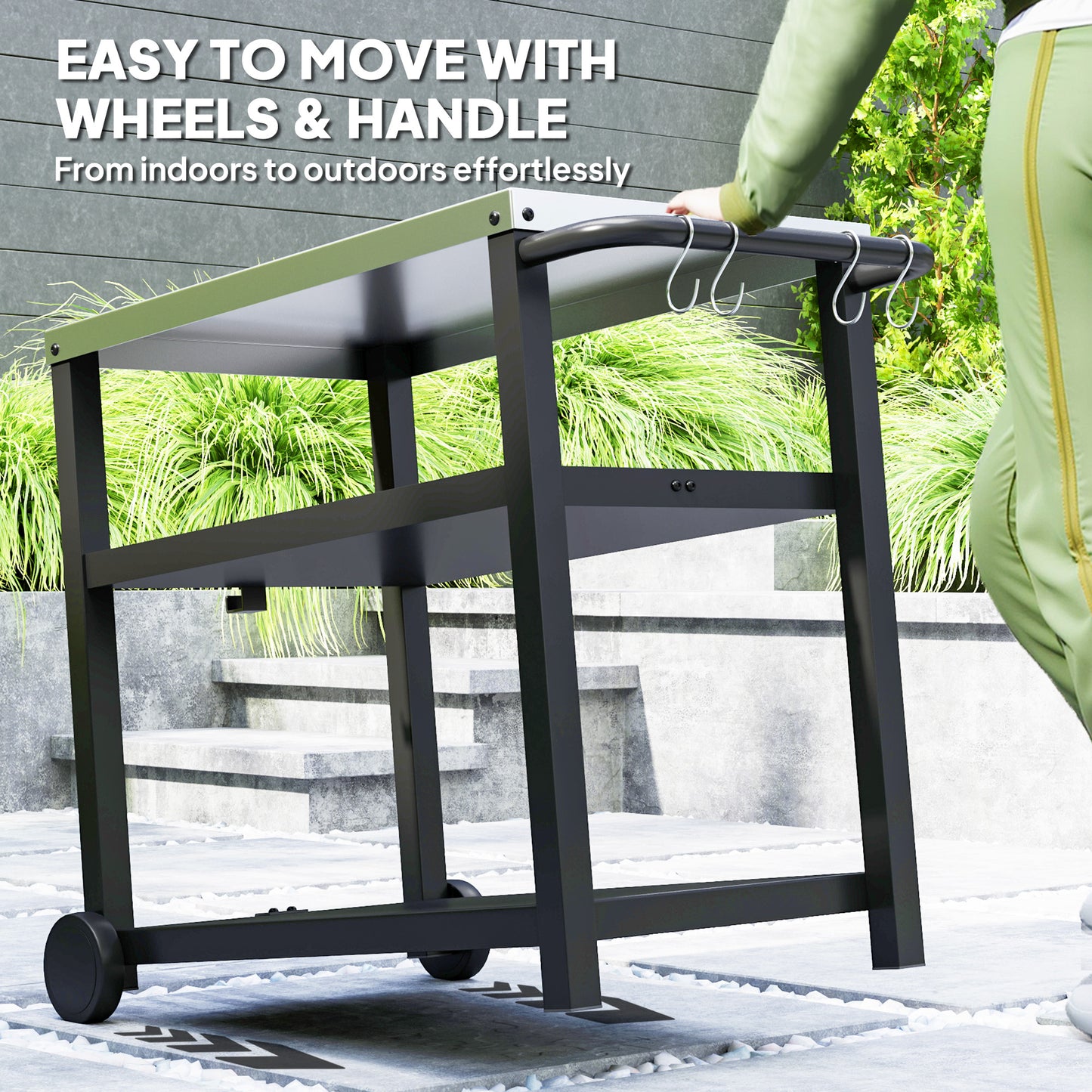Outsunny Outdoor Grill Dining Cart 3-Shelf Movable Pizza Oven Table Stand with Stainless Steel Top, Portable BBQ Trolley Food Prep Outdoor Kitchen BBQ Station with Hooks Wheels Handle, Charcoal Grey