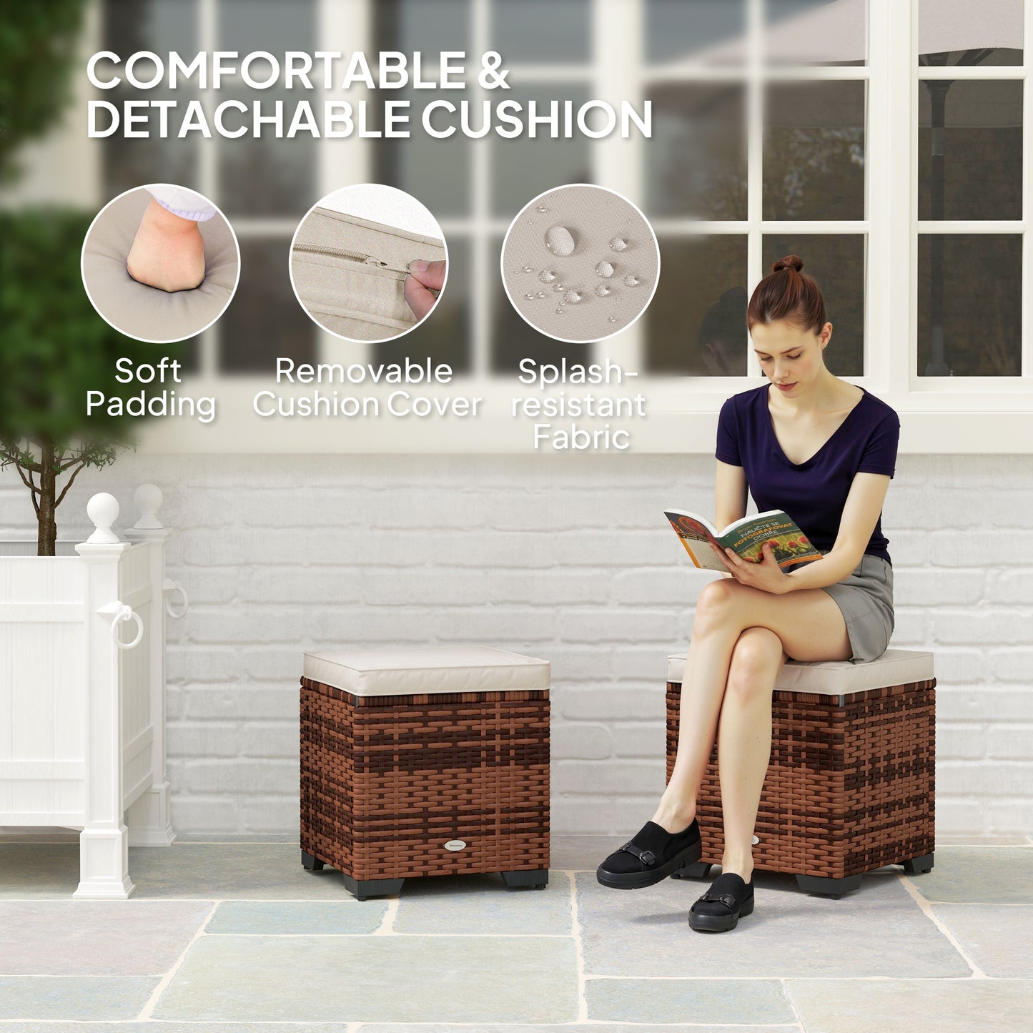 Outsunny Set of 2 Rattan Storage Ottoman, Outdoor Footstool with Removable Cushions, Garden Storage Seat for Balcony, Poolside, Living Room, Beige