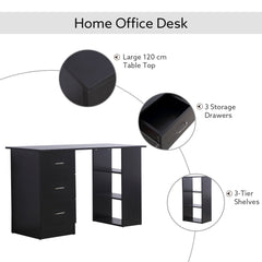 HOMCOM Computer Desk, Writing Table, PC Workstation with 3 Storage Shelves and Drawers, Silver Handle, for Home Office, Black