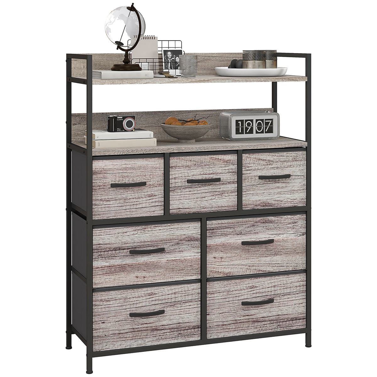 HOMCOM Rustic Chest of Seven Fabric Drawers - Grey Wood Effect