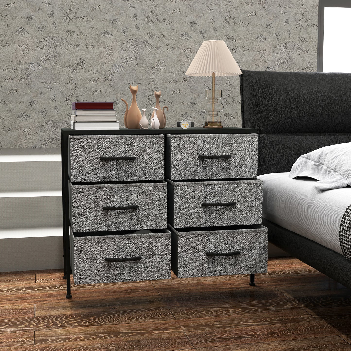 HOMCOM Fabric Chest of Drawers, Storage Drawers, Industrial Bedroom Dresser with 6 Fabric Drawers, Steel Frame and Wooden Top for Nursery, Living Room, Hallway, Black