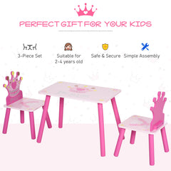 HOMCOM 3 Pcs Kids and Table Chair Set Princess & Crown Theme Home Furniture Pretty Gift 2-4 Years Pink