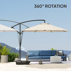 Outsunny 3(m) Garden Cantilever Parasol with Fillable Base, Wind Protection Strap, Cover, Round Banana Hanging Umbrella with Crank Handle and Tilt, Patio Umbrella for Outdoor Sun Shade, UPF50+, Cream