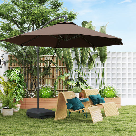 Outsunny 3(m) Garden Cantilever Parasol with Fillable Base, Wind Protection Strap, Cover, Round Banana Hanging Umbrella with Crank Handle and Tilt, Patio Umbrella for Outdoor Sun Shade, UPF50+, Brown