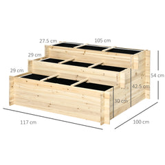 Outsunny 117cm x 100cm x 54cm 3 Tier Raised Garden Bed 376L Fir Wood Elevated Planter Flower Box with 9 Grow Grids and Non-woven Fabric for Vegetables, Flower, Herb Outdoor Indoor Use