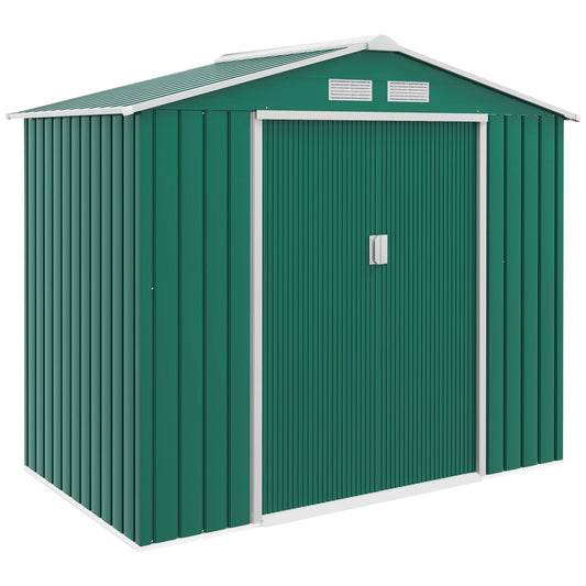 Outsunny 7 x 4ft Metal Garden Shed, Outdoor Storage Tool House with Ventilation Slots, Foundation Kit and Lockable Double Doors, Green