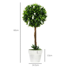 HOMCOM Set of 2 Decorative Artificial Plants Ball Trees with Flower for Home Indoor Outdoor Decor, 60cm ,White