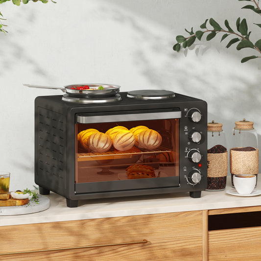 HOMCOM 28L Mini Oven with 2 Hot Plates, Countertop Toaster Oven, Grill, Roast, Bake, Boil, with Timer, Adjustable Temperature, Electric Oven with Baking Tray, Grill Rack, Crumb Tray, 2600W, Black