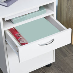 HOMCOM 60cm Filing Cabinet with Drawer, Open Shelf, Metal Handles and 4 Wheels, Office Home Organiser Mobile Printer, White