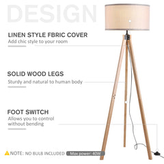 HOMCOM Floor Lamp with Elegant Wood Tripod, Free Standing E27 Bulb Lamp Versatile Use For Home Office - Beige