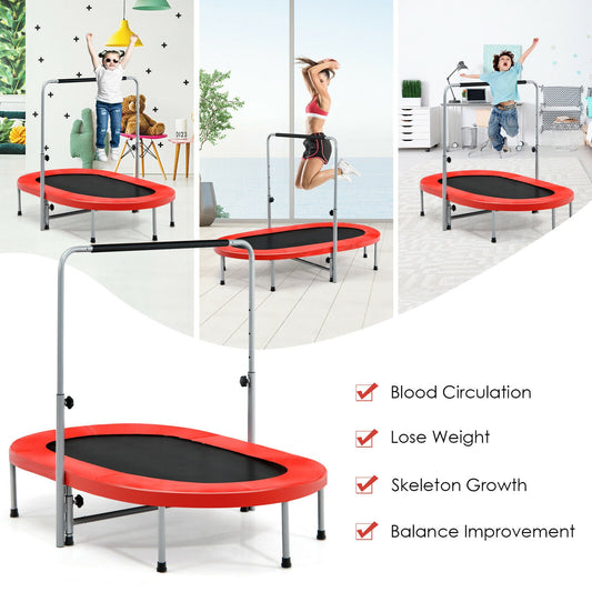 Double Foldable Fitness Trampoline with Adjustable Handrail-Red