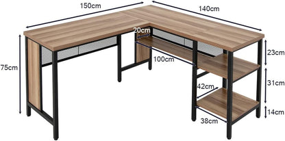 150 x 140 x 75cm Large Corner L-Shaped Computer Desk with 3 Storage Shelves-Oak