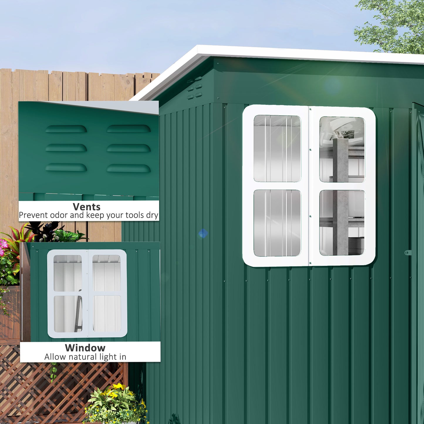 Outsunny 8.5 x 6ft Storage Shed Galvanised Steel Garden Shed, Metal Shed with Foundation Kit, Window, Lockable Wide Doors and Air Vents for Outdoor Patio, Green