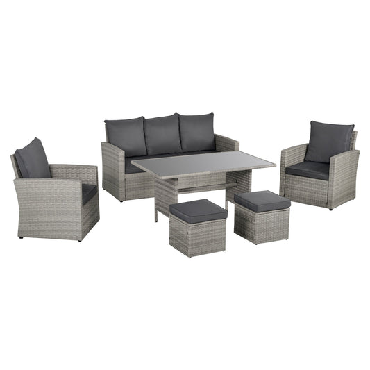 Outsunny Six-Piece Rattan Sofa Set, with Glass-Top Table - Mixed Grey