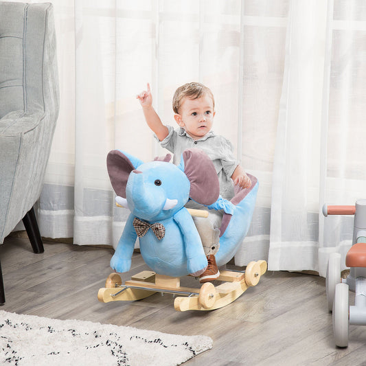 HOMCOM 2 In 1 Plush Baby Ride on Rocking Horse Elephant Rocker with Wheels Wooden Toy for Kids 32 Songs for 18+ Months (Blue)