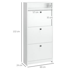 HOMCOM Narrow Shoe Cabinet with 3 Flip Doors, 14-18 Pairs Shoe Cupboard with Open Shelf for Slim Hallway and Entryway, 24 x 60 x 132 cm, White