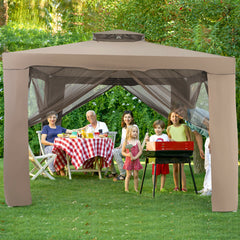 10 x 10ft Double Tiered Canopy Gazebo Garden Shelter Tent-Brown