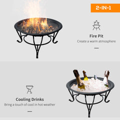 Outsunny Metal Firepit Bowl Outdoor Round Fire Pit w/ Lid, Log Grate, Poker for Backyard, Camping, BBQ, Bonfire, Wood Burning Stove, 56 x 56 x 45cm, Black