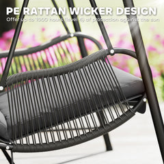 Outsunny Rattan Swing Chair, Outdoor Garden Hanging Swing Seat with Stand and Seat Cushion, Porch Hanging Chair for Balcony, Garden, Deck, Dark Grey