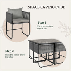 Outsunny 4 Seater Rattan Cube Garden Furniture Set, Rattan Dining Set with Cushions, Outdoor Dining Table and Chairs with Rectangular Wood Grain Plastic Top Table for Patio, Balcony, Grey