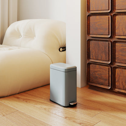 HOMCOM 5L Rectangular Compact Bin Steel Body Removable Bucket Quiet-Close Lid w/ Pedal Lid Rubbish Trash Can Home Office Bedroom Bathroom Living Room Garbage Tidy Clean Grey