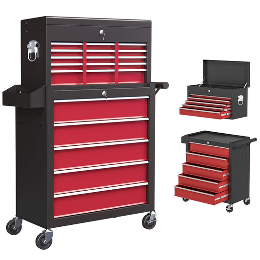 HOMCOM 19 Drawer, Two-Part Tool Storage Chest on Wheels - Red