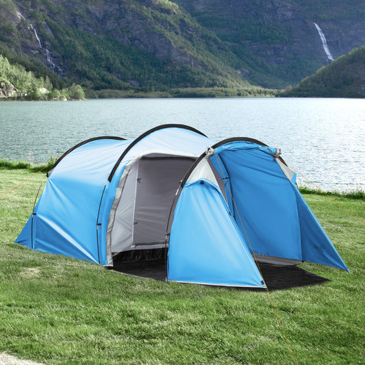 Outsunny 2-3 Man Tunnel Tent with Vestibule, Weather-Resistant Camping Tent with Air Vents for Fishing Hiking, Light Blue & Grey