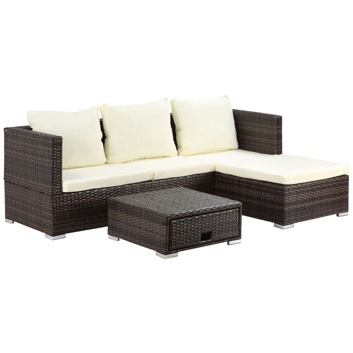 Outsunny 3PC Rattan Garden Furniture Storage Sofa Set 4 Seater Wicker Coffee Table Conservatory Sun Lounger Reclining Set Outdoor Weave with Cushion Brown