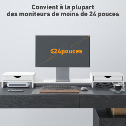 HOMCOM Dual Monitor Stand Riser with 2 Drawers, Adjustable Length and Angle, 116cm Monitor Riser for Laptop, Computer, PC, Small Printer, White