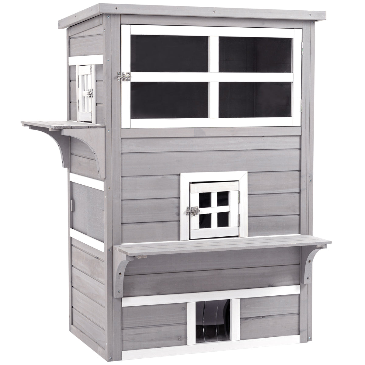 PawHut Three-Tier wooden Kitten Shelter, Outdoor Cat House, with Jumping Platforms, Asphalt Roof, Doors - Grey