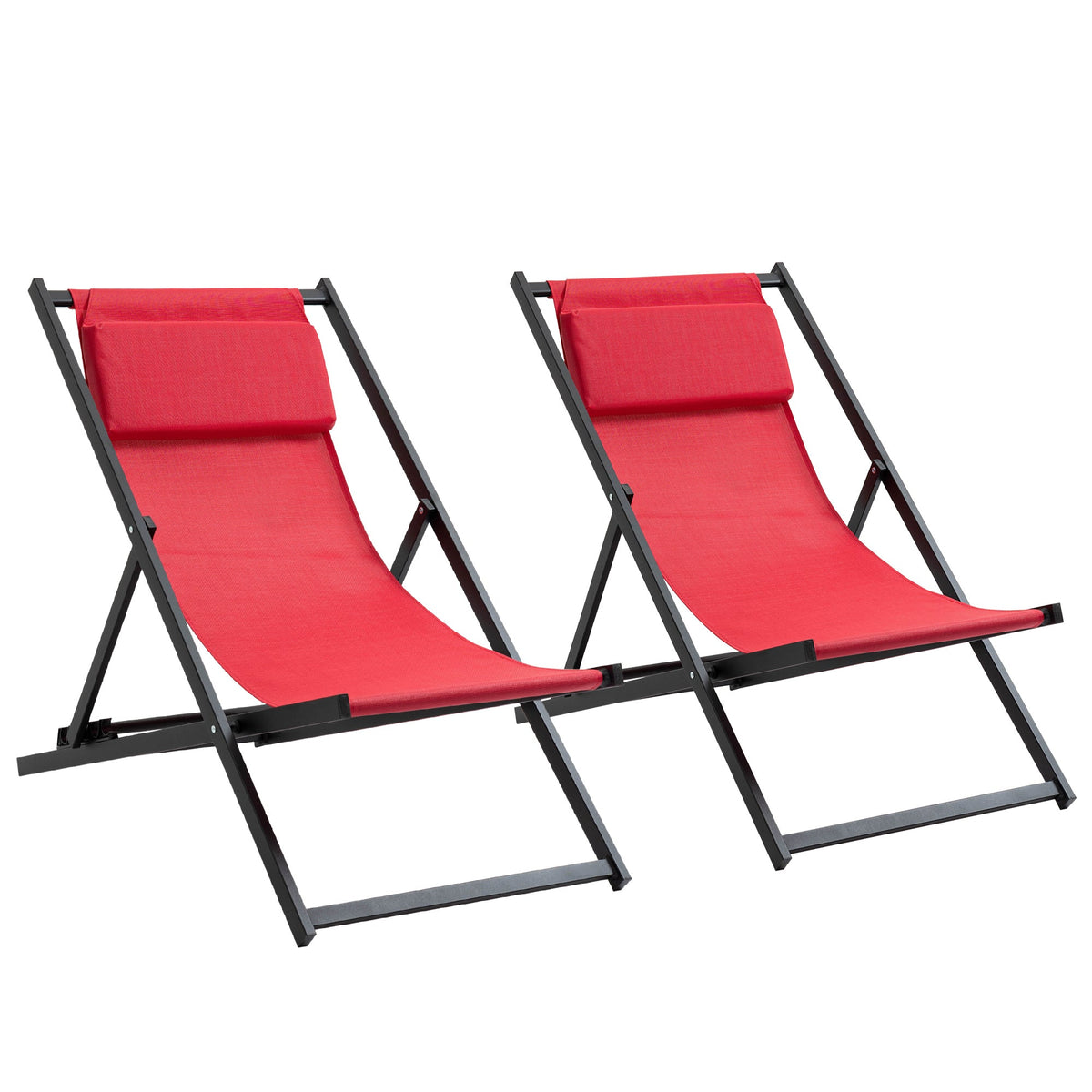 Outsunny Set of 2 Folding Garden Beach Aluminium Frame Deck Chairs Deckchairs Seaside Folding Garden Patio Lounger, Red