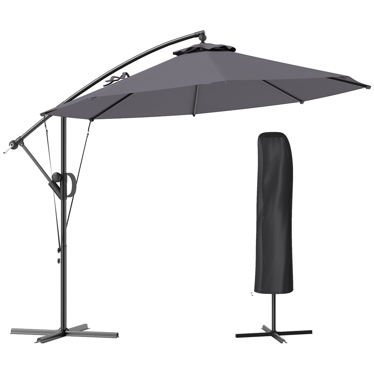 Outsunny 3(m) Garden Cantilever Parasol with Cover and Wind Protection Strap, Round Overhanging Umbrella with Crank Handle and Tilt, Banana Patio Umbrella for Outdoor Sun Shade, UPF50+, Grey