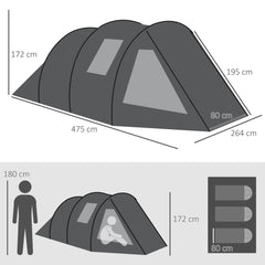 Outsunny 3-4 Man Tunnel Tent, Two Room Camping Tent with Windows and Covers, Portable Carry Bag, for Fishing, Hiking, Sports, Festival - Black