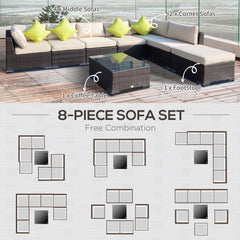 Outsunny 8 Pieces PE Rattan Corner Sofa Set with Thick Cushions, Aluminium Outdoor Rattan Garden Furniture Set with Glass Top Table, No Assembly Required, Mixed Brown