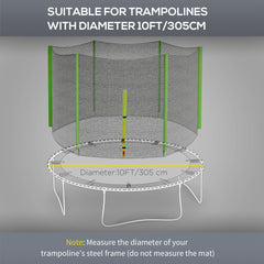 SPORTNOW 10ft Trampoline Net Replacement with 6 Plastic Pole Covers, Weather-Resistant Trampoline Netting Replacement with Zipped Entrance, Poles Not Included, Green