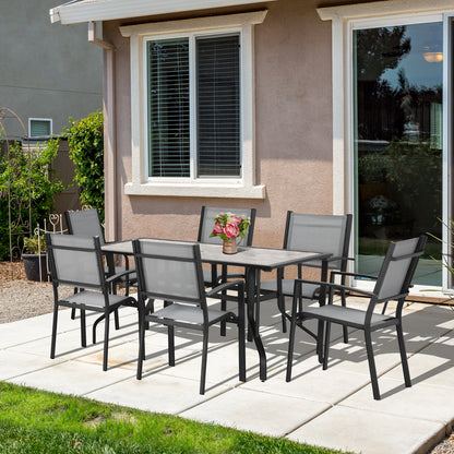 Outsunny 7 Pieces Garden Dining Set, 6 Seater Garden Table and Chairs with Parasol Hole, Outdoor Furniture Armchairs and Stone-like Plastic Top Table with Breathable Mesh Fabric Seat, Grey