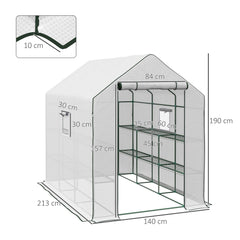 Outsunny Walk-in Greenhouse with 3 Tier 12 Shelves, Small Greenhouse with Reinforced PE Cover, Garden Plant Growhouse with Roll-up Door and Three Mesh Windows, 140 x 213 x 190 cm, White