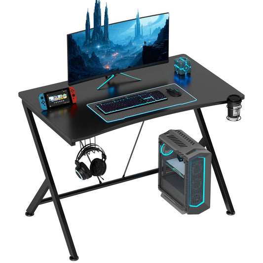 HOMCOM Gaming Desk, 108 x 66cm Computer Table Metal Frame with Cup Holder, Headphone Hook, Cable Hole, for Small Spaces, Black