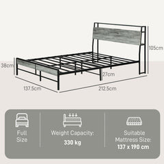 HOMCOM Double Steel Bed Frame, with LED Lights and Headboard Shelf - Grey