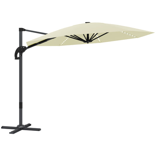 Outsunny 3(m) Cantilever Garden Parasol with Solar Powered Lights, Crank Handle & Cross Base, UPF 50+, 360√Ç¬∞ Rotation, Cream